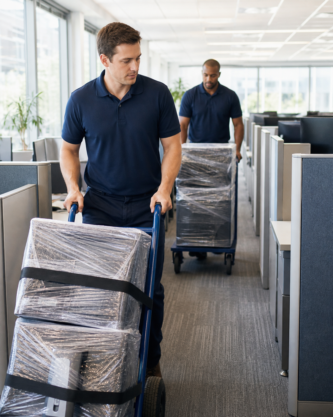 Professional movers relocating equipment through a modern office
