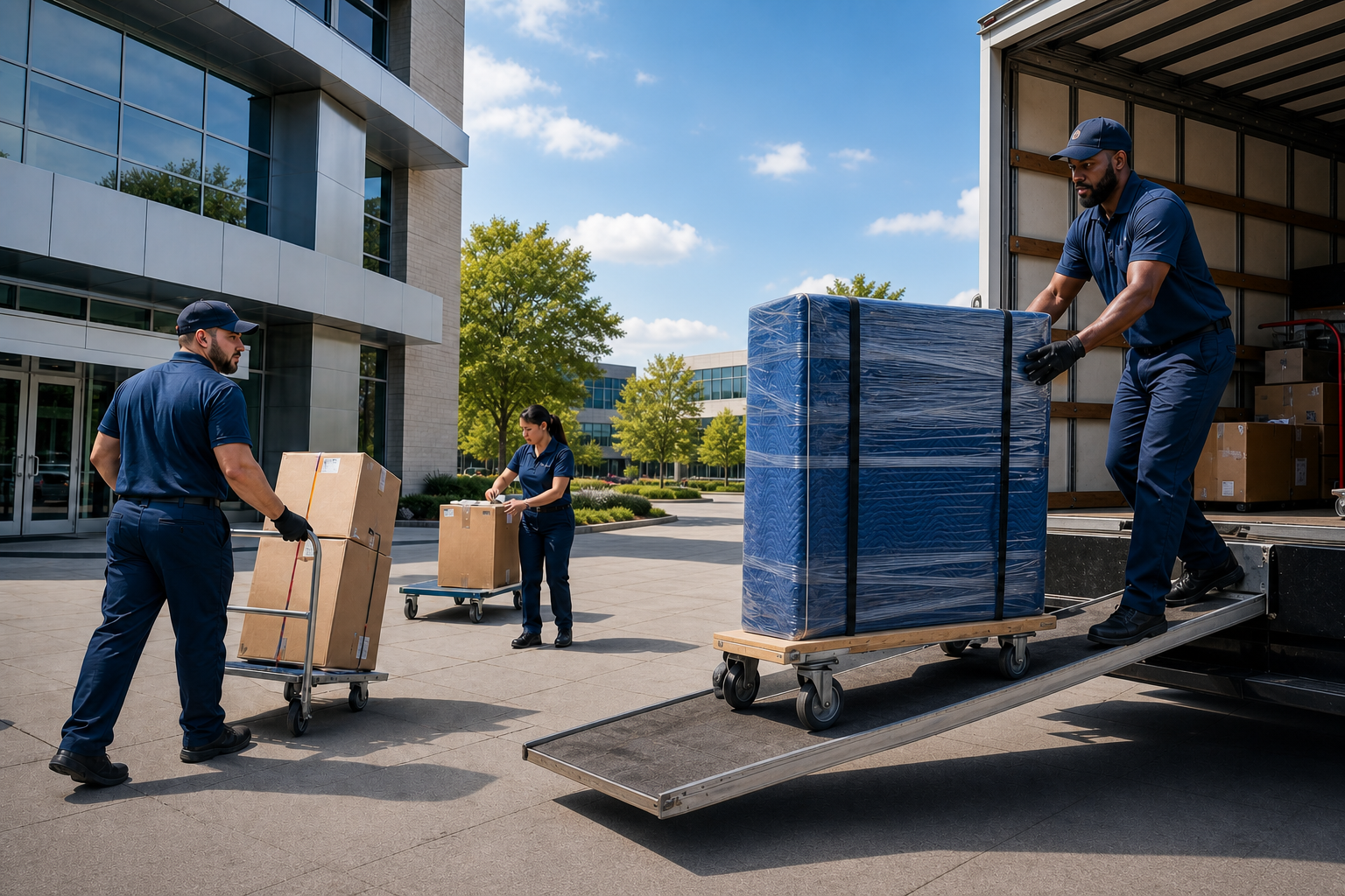 Professional moving crew unloading protected office furniture in downtown Detroit